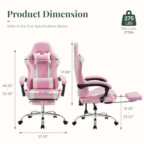 Image of Video Game Desk Chair, Ergonomic High Back PU Leather Computer Gaming Chair with Headrest & Linkage Armrest, Height Adjustable with 360 Swivel, for Adults, Pink