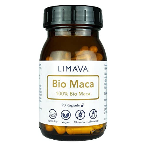 LIMAVA® Bio Maca Kapseln (90 Stück, im Glas) | Bio zertifiziert | vegan | 100% reine gelbe Maca Wurzel | 100% natürlich |ohne Zusätze Cover
