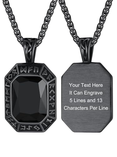 Image of ChainsHouse Viking Rune Pendant Necklace for Men Women, Punk Biker Black Metal /316L Stainless Steel Onyx Norse Vintage Amulet Necklaces with Black /Red /Green /Blue Gemstone, Send Gift Box