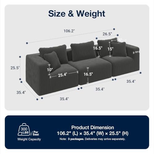 Image of Avenco 106-inch 3-Seater Modular Sofa Couch, Corduroy Fabric