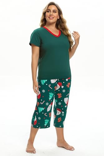 Image of Vozanet Women's Pajamas Set Soft V Neck Sleepwear Top and Capri Pj Lounge Sets Cartoon Heart Shape Cat Nighty Plus Size
