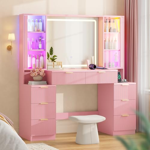 Image of Big Vanity Desk, Fluted Makeup Vanity with Mirror Lights, Pink Vanities