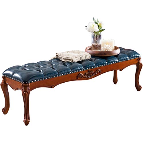 Z-stool American Solid Wood Bench Bedroom Ottoman Upholstered Seat Leather Cushion Sofa Stool Home Footrest (Color : Blue, Size : 120cm)