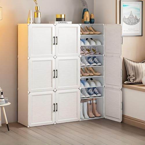 Image of Modular Shoe Rack Organizer with Drawer Storage, Multi-Layer Foldable Shoe Cabinet with Dustproof Doors for Home Entryway Bedroom (White, 9-Door)