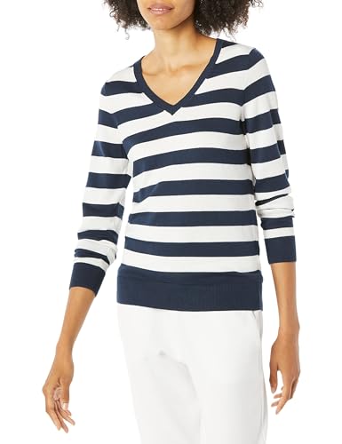 Amazon Essentials Damen Regular-Fit Leichter Langarm-Pullover V-Ausschnitt (In Übergröße Erhältlich), Marineblau Weiß Rugby-Streifen, L