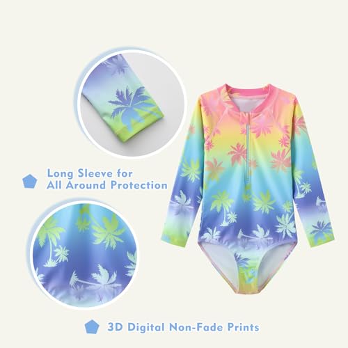 Image of Girls Long Sleeve Rash Guard One Piece Swimsuit Kids UPF 50+ Sun Protection Swimwear Rainbow Striped Bathing Suit 3-14 Years