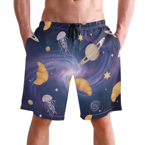 Men's Swim Trunks Quick Dry Swimming Shorts with Pocket Croissant Jellyfish Planets Stars Swimsuit Trunks