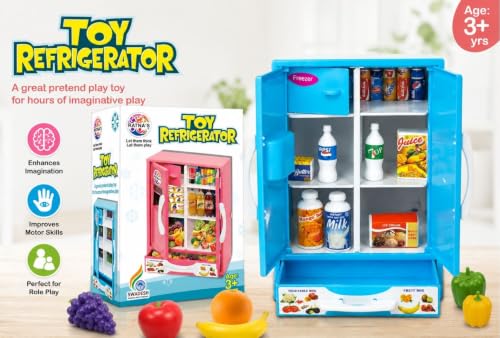 Image of Toy Refrigerator for Kids with Pretend Food Accessories, Mini Fridge Toy with Opening Doors, Freezer Compartment & Storage Drawer, Kitchen Role Play Learning Toy for Boys & Girls Age 3+ Years