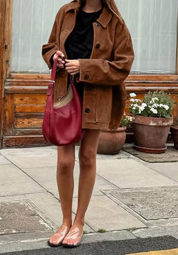 chouyatou Women's Fall Boyfriend Faux Suede Leather Jacket Casual Midi Long Button Down Shacket Coat3