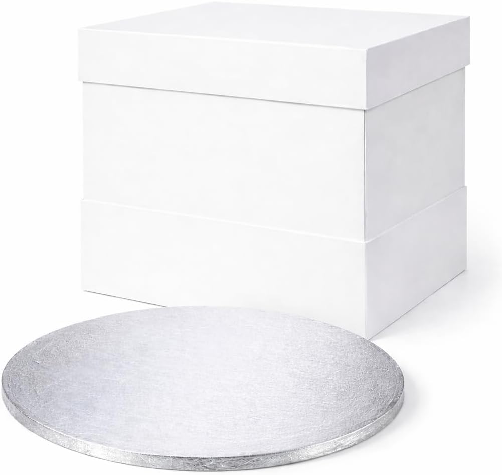 FALGUN Premium 12" White Cake Box + 16" Extra Tall Extension Card + 12" Thick Round Silver Cake-Board | Thick Cake-Board Drum & Tall 16" Cake Box Set | For Tiered or Decorated Transport - 12 Inch