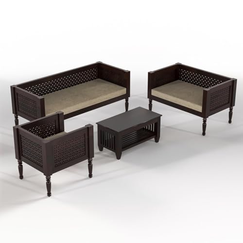 Image of Sheesham Wooden 6 Seater Sofa Set for Living Room | Rosewood Cushion Sofa | Solid Wood Sofa Set for Lounge (Walnut, 6 Seater)