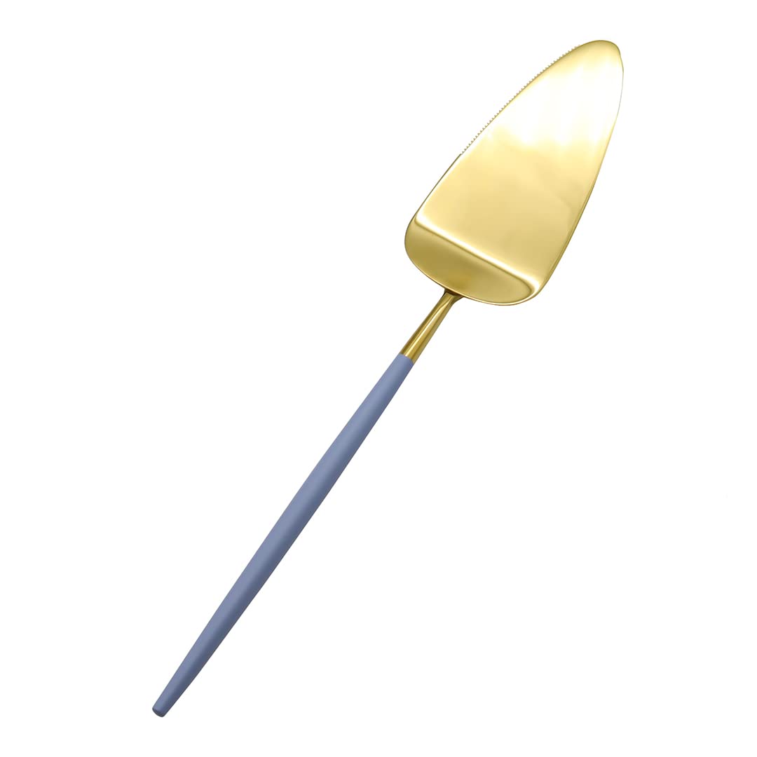 Koyal Wholesale Moderno juego de cuchillos y servidor para tartas de boda, cortador de pastel dorado y servidor de 2 piezas con mango azul polvoriento