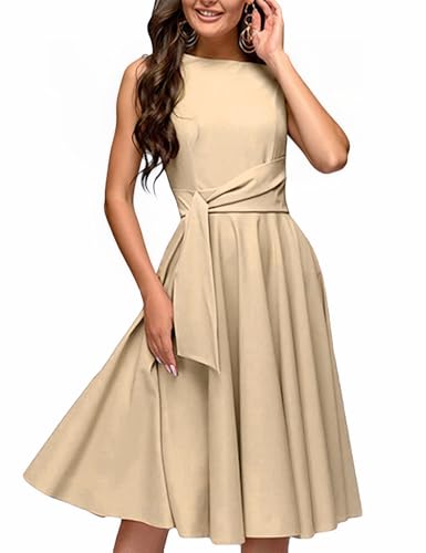 Image of FENJAR Women's Elegance Audrey Hepburn Style Ruched Dress Round Neck Sleeveless Swing Midi A-line Dresses (US, Alpha, X-Large, Regular, Regular, Khaki)