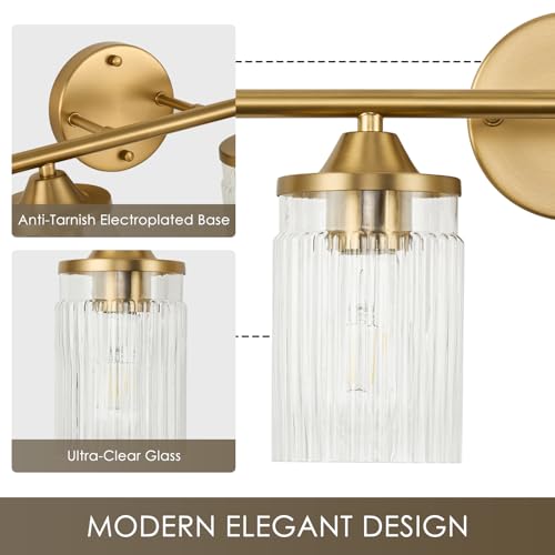 Image of Jonsi Gold Bathroom Light Fixtures 4-Light Vanity Lights Modern Wall Sconce with Clear Glass Shade Brushed Brass Bathroom Light Fixture Over Mirror for Bedroom Hallway Kitchen