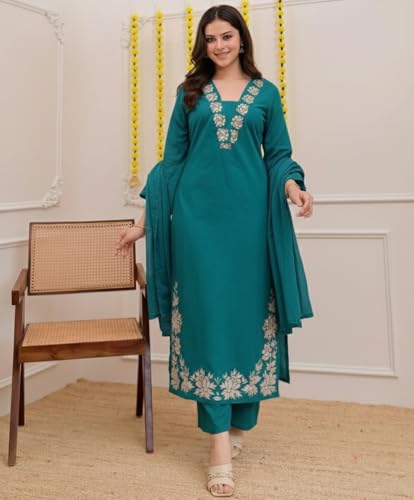 Image of ANNI Designer Pure Cotton Embroidered Kurta Set for Women | Rust Orange Kurta with Pants & Dupatta | Floral Neck & Hem Embroidery | Cotton Kurta Set for Women | 10 Colour Options Available