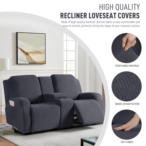 Image of KinCam Loveseat Recliner Covers with Middle Console Slipcover, Recliner Sofa Covers 2 Seat Couch Cover Stripe Jacquard Furniture Protector Covers with Elastic Bottom for Kids, Pets (Charcoal Gray)