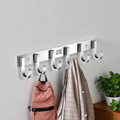 Image of Stainless Steel Cloth Hanger for Wall, Clothes Hook Hangers Door Mount, Bathroom Hooks for Hanging Towel, Wall Mounted Shirt Hangers, Dress Holder Hooks - 6 Pin-XL, Pack of 3, Silver