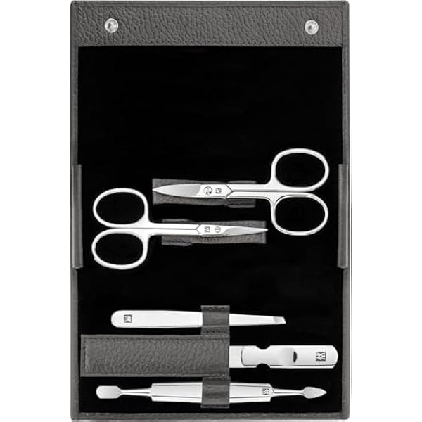 ZWILLING Zestaw do manicure (5 części, do pielęgnacji paznokci i pedicure, etui z prawdziwej skóry z nożyczkami do paznokci i skórek), polerowana stal nierdzewna, antracytowy