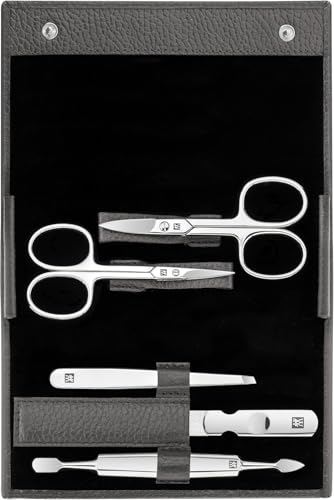 ZWILLING Maniküre-Set (5 teilig, Nagelpflege und Pediküre mit Echtleder Etui mit Nagelschere und Nagelhautschere), Edelstahl Poliert, Anthrazit