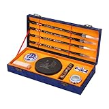 MEGREZ Chinese Calligraphy Set for Beginners, Comes with Calligraphy & Sumi Brushes,Calligraphy Ink Stick and Ink Stone for Writing and Drawing, Blue Gift Box(10 Items)