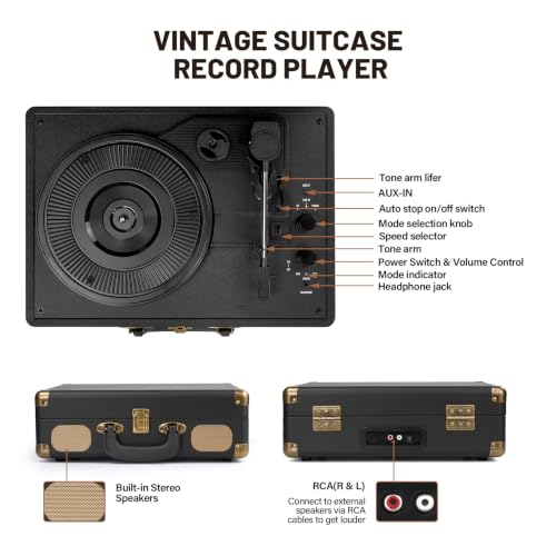 Image of Vinyl Record Player Bluetooth Turntable 3-Speed Suitcase Portable Vintage Belt-Driven Record Player with Speakers RCA Line Out AUX in Headphone Jack