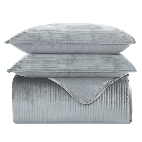 Elegant Comfort Luxury 3-Piece Velvet Corduroy Stripe Quilt Set, Ultra Soft Bedspread - Cozy Velvet Coverlet Set - 3PC Medium Weight Quilted Set with Matching Pillow Shams, Full, Gray