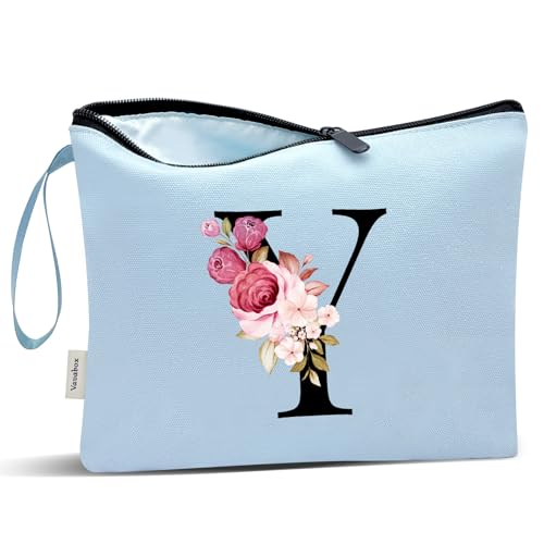 Image of Vavabox A-Z Personalized Makeup Bag, Birthday Gifts for Women Mom, Gifts for Best Friend, Bride Bridesmaid Cosmetic bag (Y, Blue)