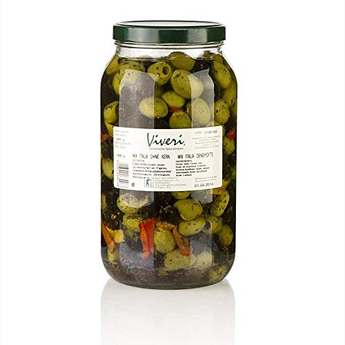 Oliven Mischung, grüne & schwarze Oliven, ohne Kern, pikant eingelegt, Viveri, 3 kg