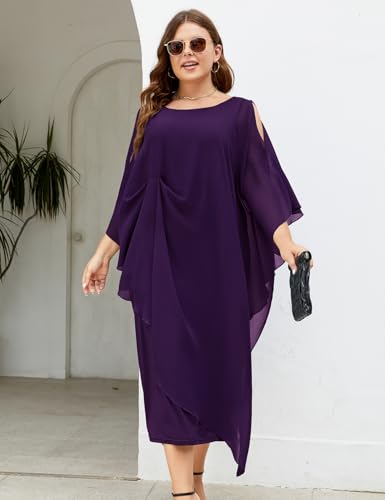 Image of ZOMVA Plus Size Elegant Formal Dress Long Cape Overlay Wedding Guest Formal Cocktail Mother of Bride Outfit, Dark Purple, 2X
