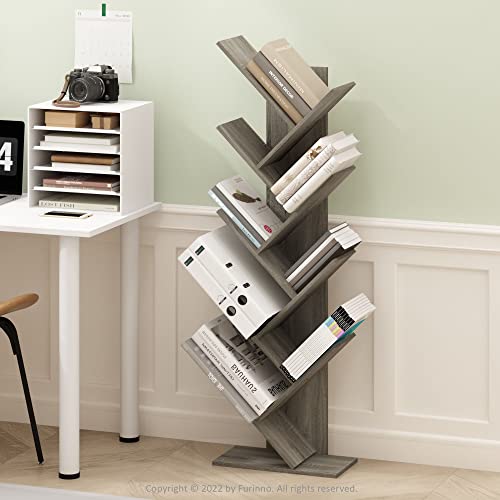 Image of Furinno TREE Book Shelf, 9-Tier Bookshelf, Tree Bookcase with Angled Open Shelf, 8.4 x 15.7 x 50.9, Corner Shelf for Room Decor, for Living Room, Bedroom, Home Office, French Oak