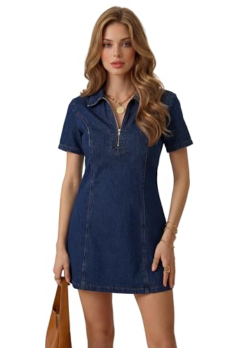 Image of KIFOVEN Women's Collared V Neck Short Sleeve Zipper A Line Casual Mini Denim Dress