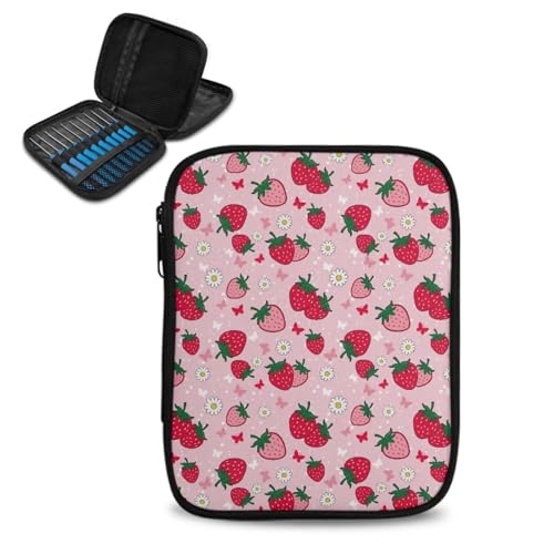 Noprintge Cute Strawberry Print Crochet Hook Organizer Case, Square Knitting Needle Storage Bag, Travel Organizer Bag for Crochet Hook and Knitting Accessories (No Accessories Included)