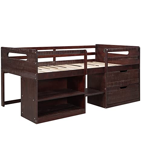 Low Loft Bed With Drawers And Storage Junior Twin Loft Bed Frame With Two Drawers & 2 Book Shelves, Wooden Loft Beds For Kids Toddlers Boys Girls Teens, Antique Espresso #TOP4