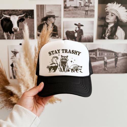 Image of Stay Trashy Funny Raccoon Graphic Classic 5 Panel Mesh Snap Back Trucker Hat