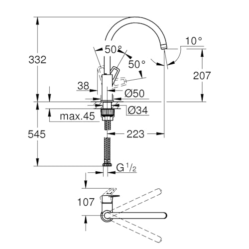 Image of Grohe Bauloop Single-Lever Sink Mixer Faucet 1 /2 inch | Deck Mounted Kitchen Sink Tap | Hot and Cold-Only Single Lever Faucet with 360 Swivel Spout | Chrome Finish | 10 Year Warranty | 31232001