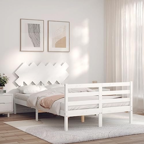 Homgoday Canapé con cabecero blanco 4FT6 Double de madera maciza, somier cama marco para salón dormitorio