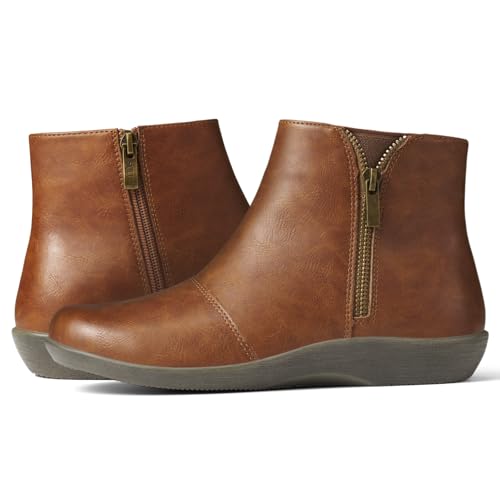 SUEDI Women's Ankle Boots Flat Booties Casual Short Boots Comfortable Walking Boots for Women Brown Zipper Size 9