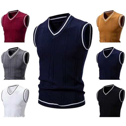 Cambkatl Men's Preppy Striped Sweater Vest Teens Classic V Neck Slim Fit Cable Knitted Sleeveless Pullover Sweaters2