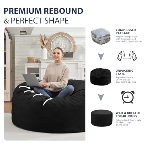 3FT Bean Bag Chair, Comfy Bean Bag Chairs with Memory Foam Filled, Fluffy Beanbag Sofa with Dutch Velvet Cover, Round BeanBag Chairs for Living Room, Playroom - Black