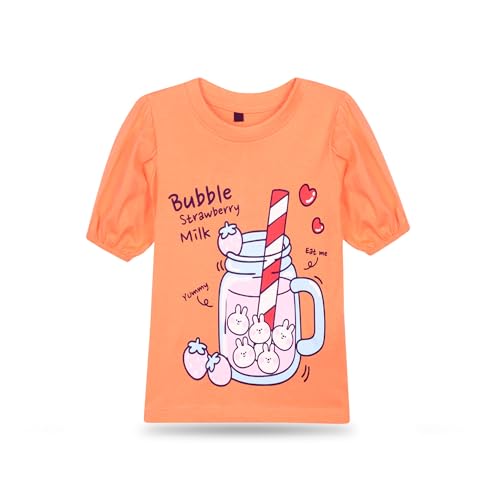 Image of T2F Girls Cotton Printed Regular Fit Puff Sleeve T-Shirt (Pack of 5)