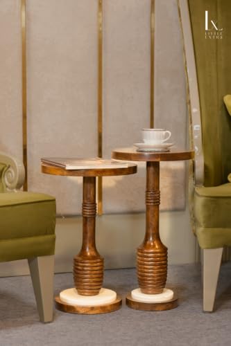 Image of Little eXtra Handcrafted Solid Wood Round Side Table with Marble Sphere Base | Wooden Accent Table for Living Room, Bedroom & Sofa Corner | Wood End Table
