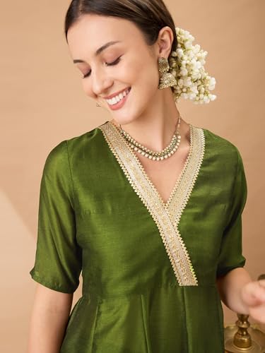 Image of Globus Women Kurta Set (GS578722 Olive Green S)
