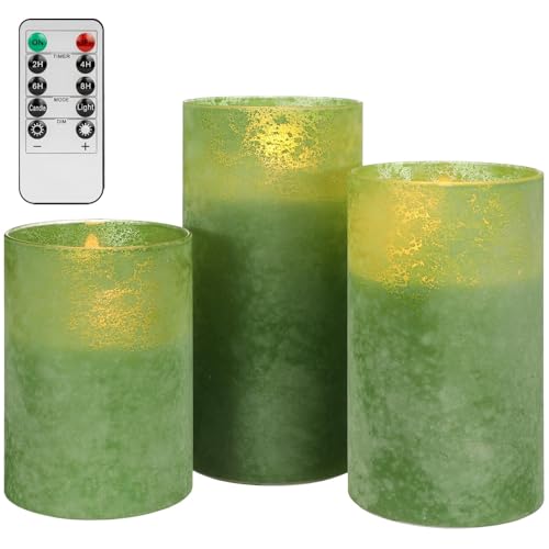 Image of Green Flameless Candles with Remote, Real Wax Battery Operated Candles with Timer, Set of 3 Electric LED Pillar Fake for Party Halloween Christmas Home Living Room Decor