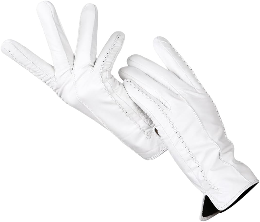 [HEYDHSDC] ファッション白革手袋女性リアルレザー手袋シープスキンショート女性の暖かい裏地手袋 White 7.5