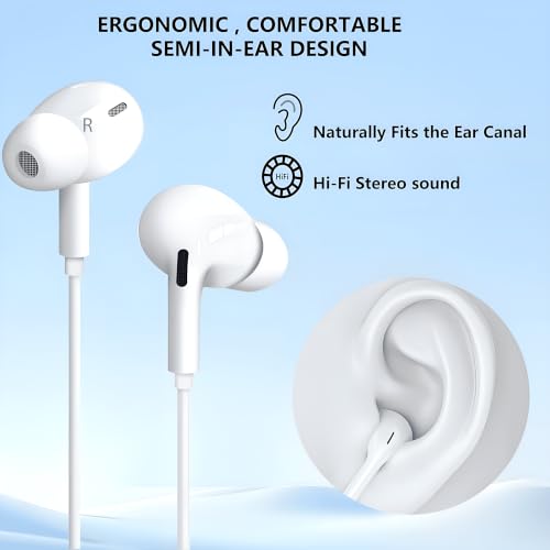 Image of Shott C Pro Type C Earphones for iPhone 15 /16 Series, Wired Earbuds with Mic, Hi-Fi Stereo Sound, Deep Bass, in-Line Controls, Type C Connector, Noise Isolation, Tangle Free Cable - White