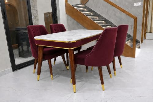 Image of WOODEN SPACE 4 Seater Wooden Dining Table Set | Urban Marble Top Dining Table with Chairs for Dining Room & Kitchen (Modern Frontline Maroon) (54 x 36 x 30 inch)