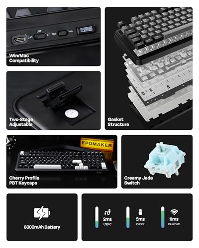 Image of EPOMAKER TH99 Tri-Mode Wireless Mechanical Keyboard with 8000mAh Battery, Hot Swappable Custom RGB Gaming Keyboard with Numpad, Gasket Creamy for PC /Mac /Office (Black, Creamy Jade)