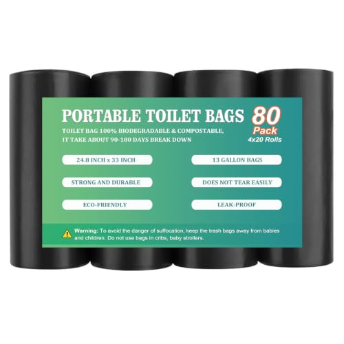 Image of 80PCS 13 Gallon Portable Toilet Bags for Camping, Biodegradable Trash bags - 1.2 Mill Thick Compostable Bag, Camping Poop Bag for Trash Lawn, Leaf Yard