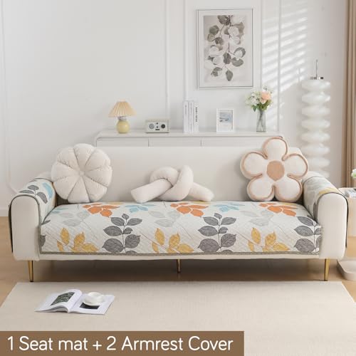 Image of HOKIPO 'HomeHues Series' Printed Quilted Sofa Seat Mat for 3 Seater Sofa with 2 Armrest Covers with Pockets, Multicolor Leaves (IN-809-D2 + IN-814-D2*2)
