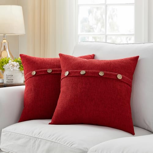 Meekio Set of 2 Christmas Pillow Covers 18 x 18 for Christmas Decorations Farmhouse Pillow Covers with Coconut Buttons